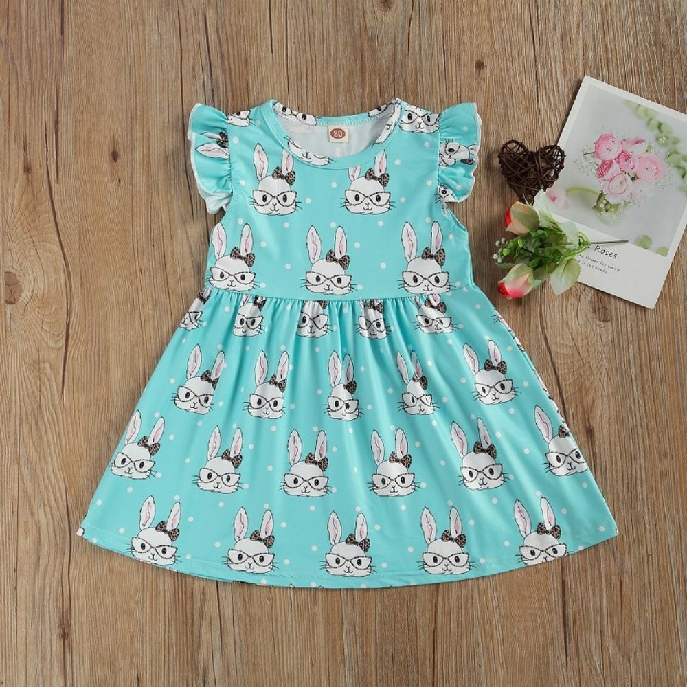 Easter Bunny Turquoise Short Sleeve Girls Dress